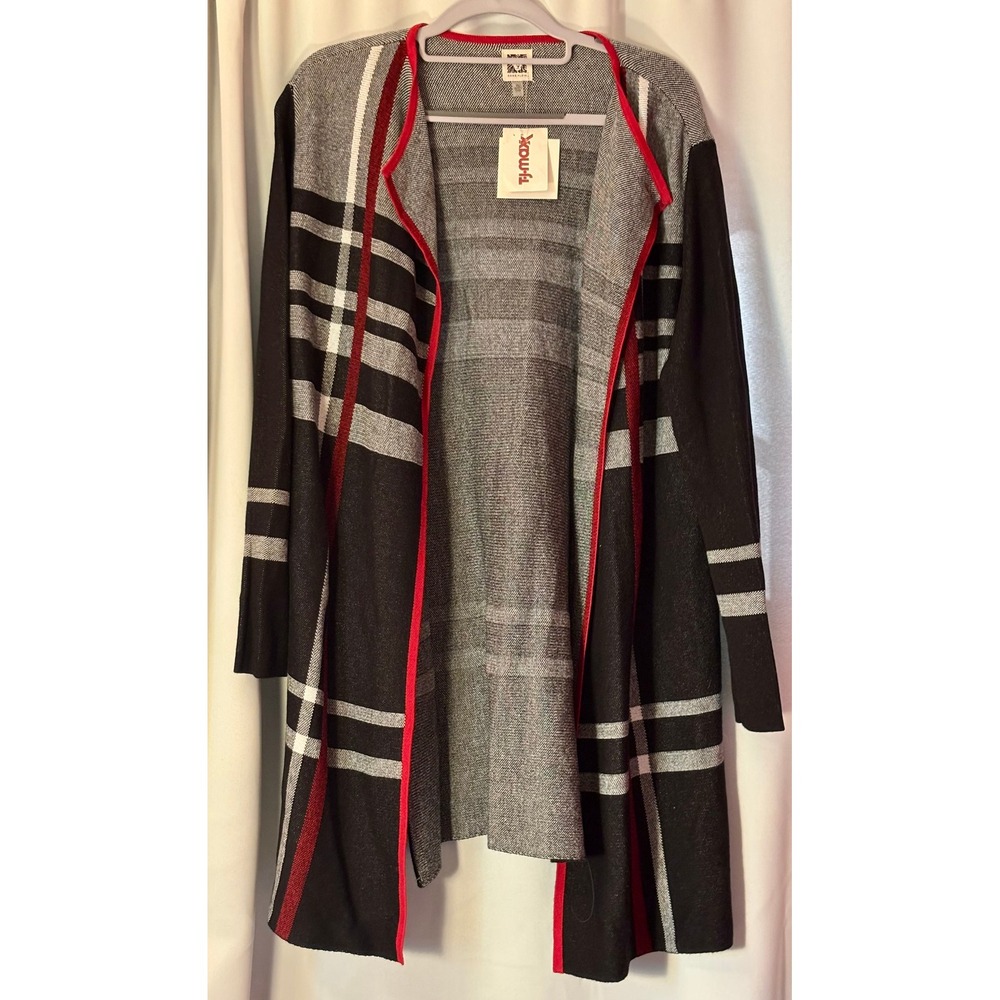 NWT Anne Klein Women XL Plaid Open Front Cardigan Red Multi Longline Sweater